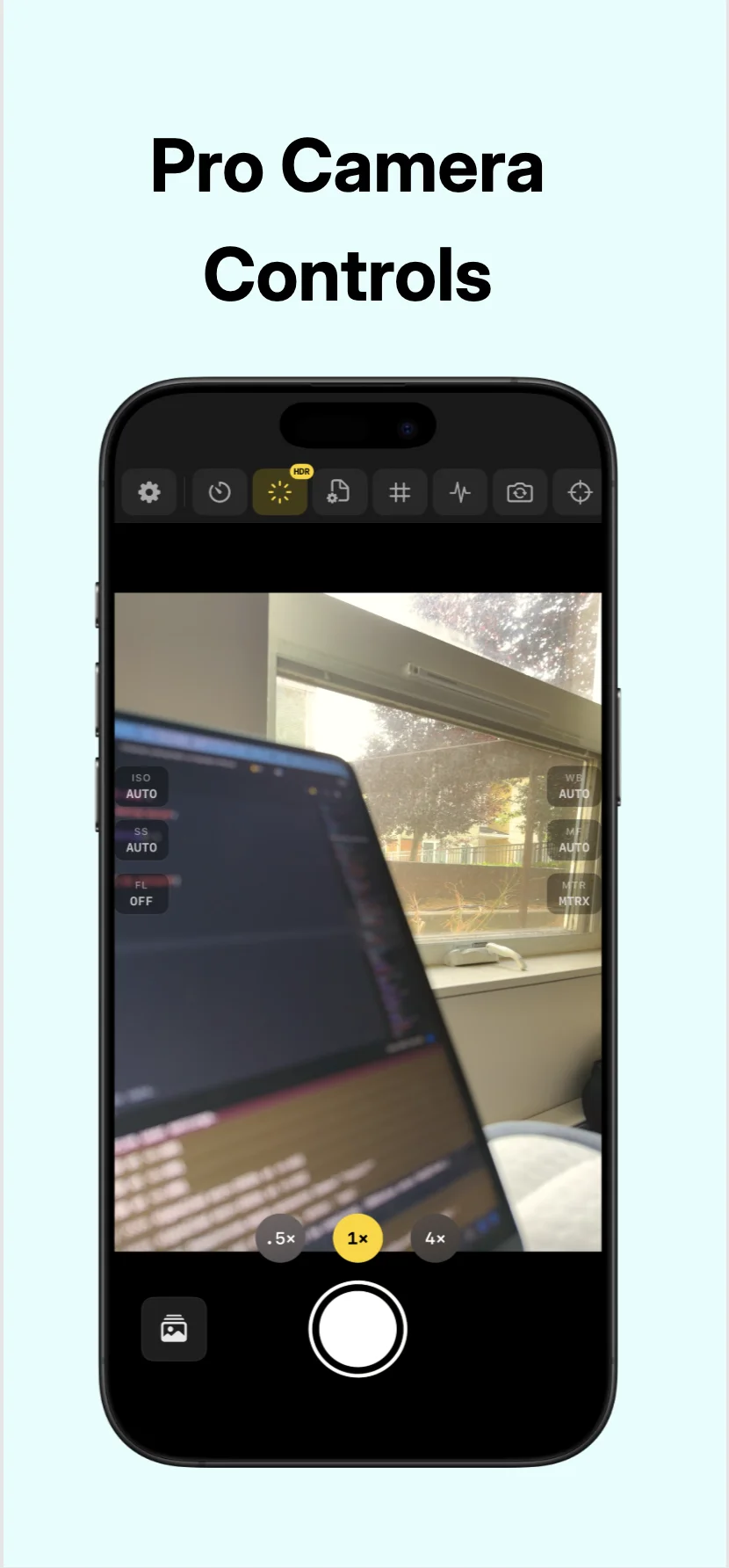 Fexer manual camera controls — ISO, shutter, white balance and metering rails