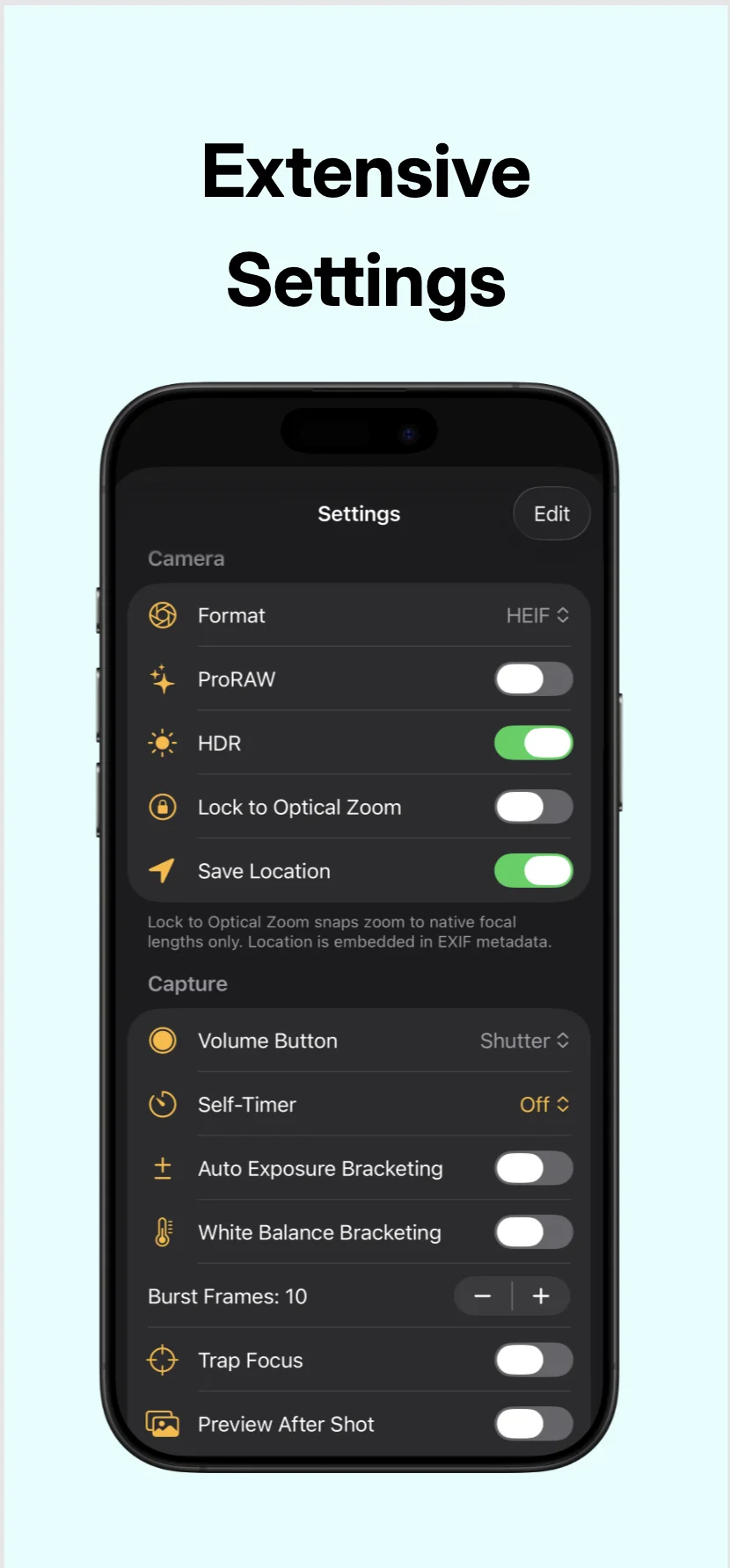 Fexer settings — RAW capture, HDR, bracketing and shutter customization